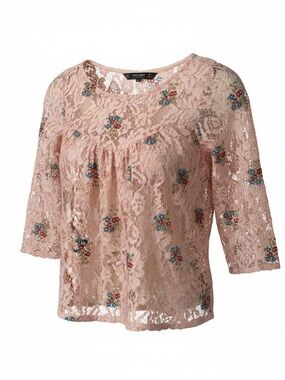 ZARA Pink Nude Lace Blouse Top with Embroidered Flowers - Size S